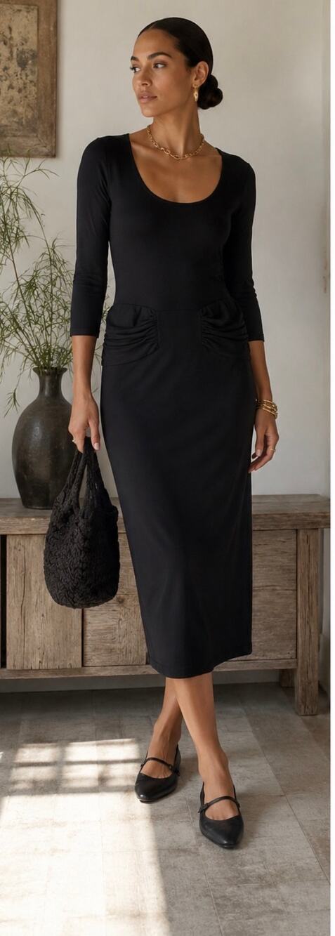 Peruvian Connection Quiet Luxury Black Pima Cotton Ruched Midi Dress XS